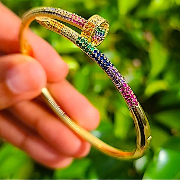 Gold Nail Multicolor Zircon Bangle Screw Tack Bracelet - Picture 1 of 7